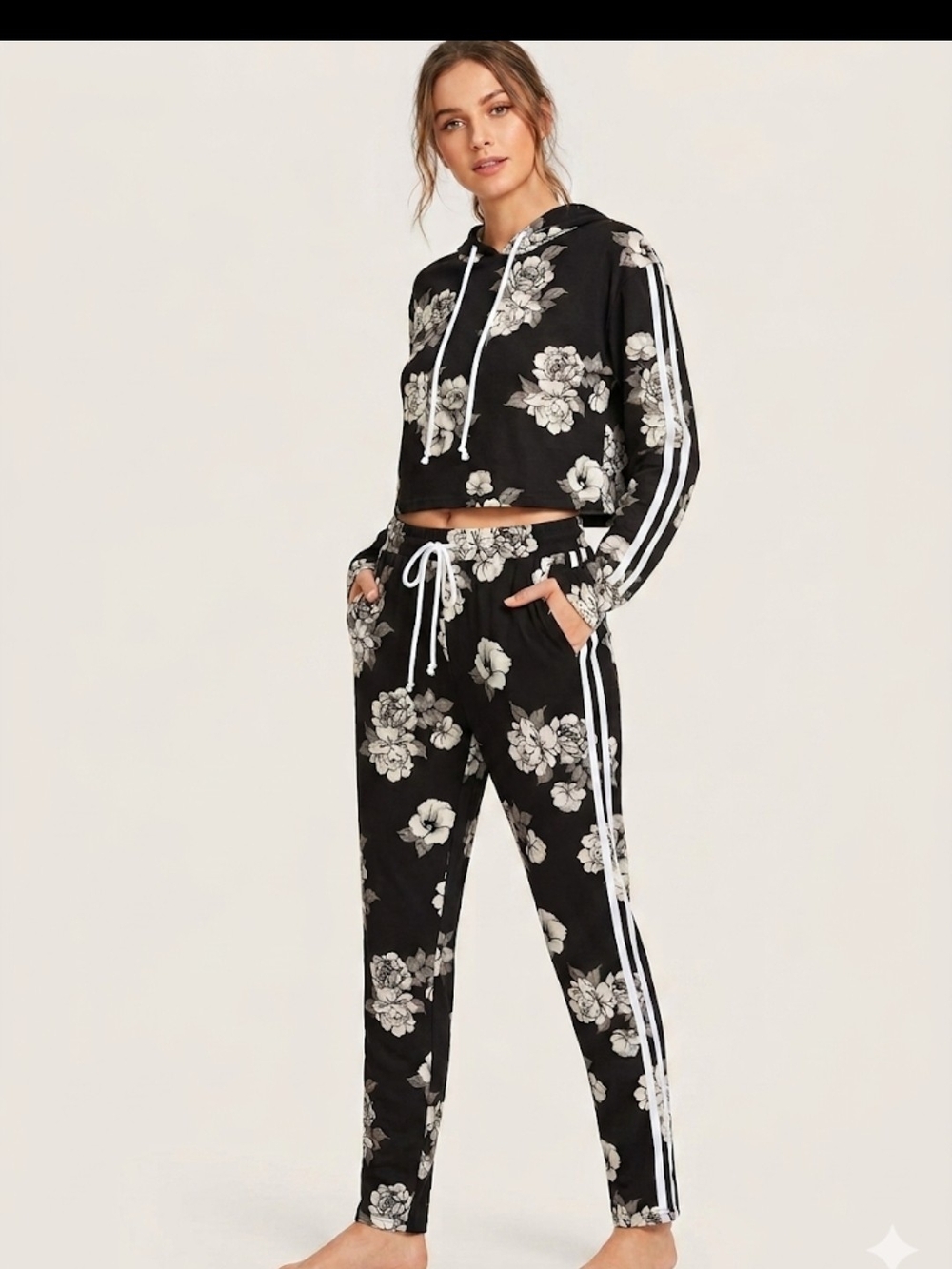 Black Floral Track Joggers with Side Stripes